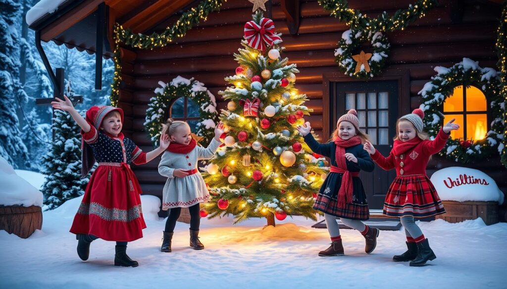 Norwegische Kinder Tanzen um den Weihnachtsbaum